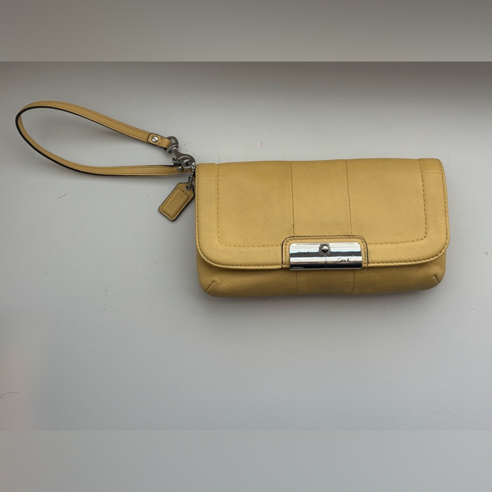 Coach Yellow Leather Wristlet Clutch with Silver-Tone Hardware